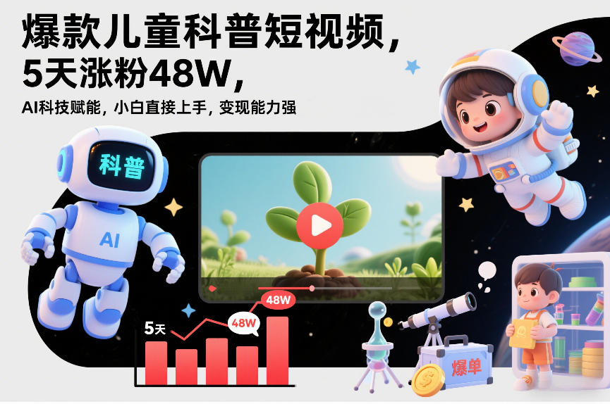 爆款儿童科普短视频,5天涨粉48W,AI科技赋能,小白直接上手,变现能力强,橱窗带货爆单不停