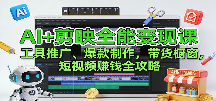 AI+剪映全能变现课：工具推广、爆款制作、带货橱窗，短视频赚钱全攻略-网创联盟云网创