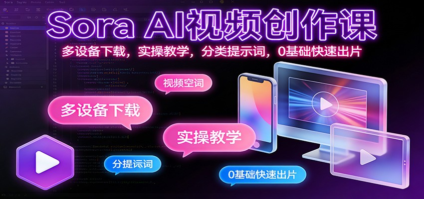 Sora AI视频创作课：多设备下载，实操教学，分类提示词，0基础快速出片-网创联盟云网创