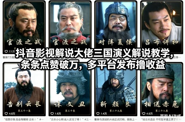 抖音影视解说大佬三国演义解说教学，条条点赞破万，多平台发布撸收益-网创联盟云网创