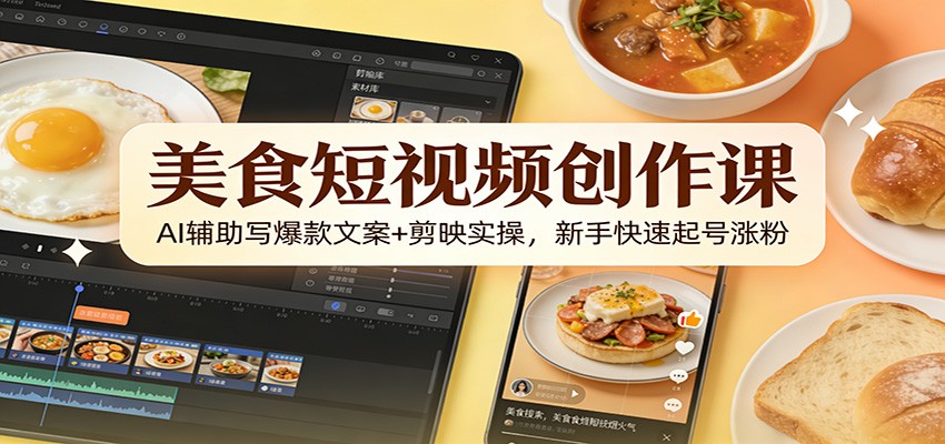 美食短视频创作课：AI辅助写爆款文案+剪映实操，新手快速起号涨粉-网创联盟云网创