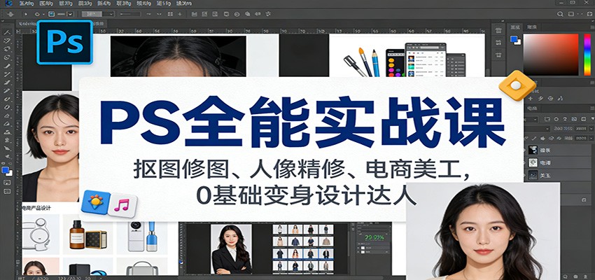 PS全能实战课：抠图修图、人像精修、电商美工，0基础变身设计达人-网创联盟云网创
